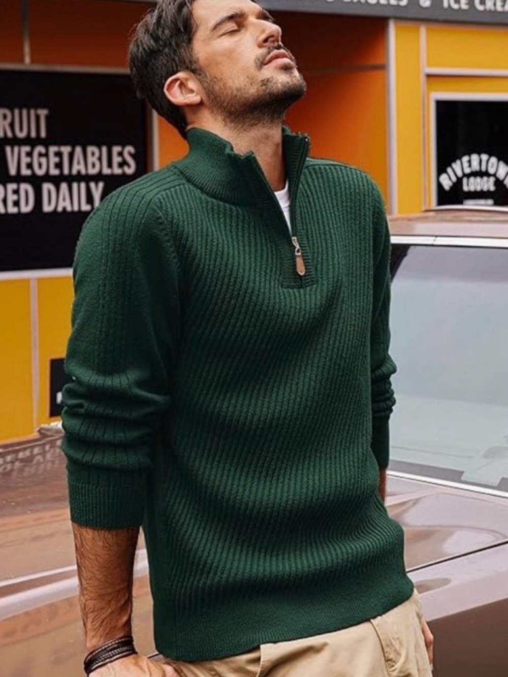 Men's Half-Zip Ribbed Sweater in Forest Green